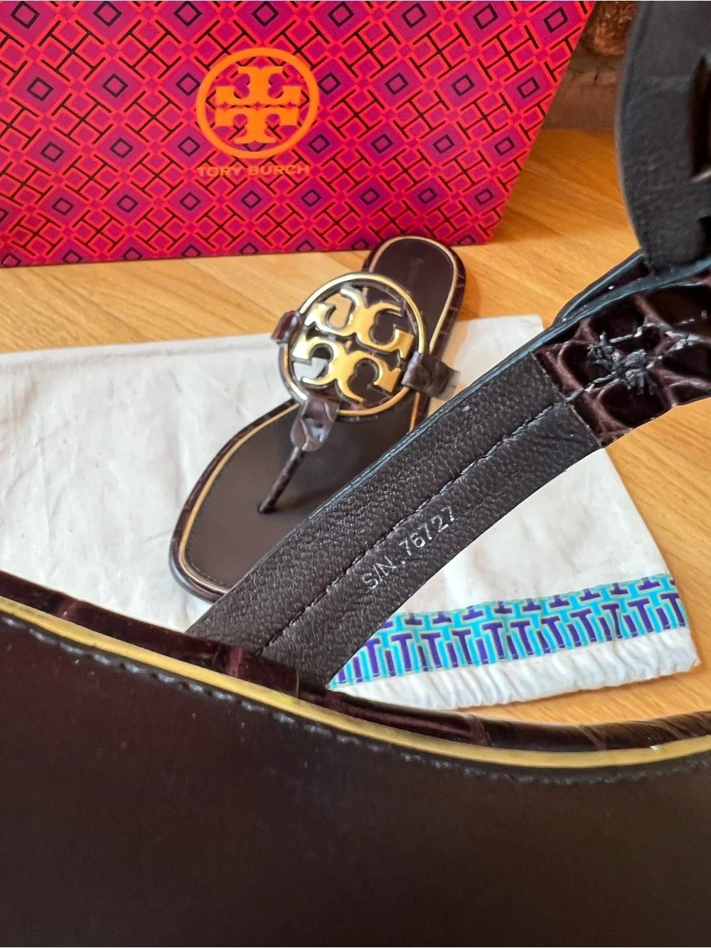 Tory Burch Coco Bark Dark Brown Croco Embossed Leather Metal Miller Sandals